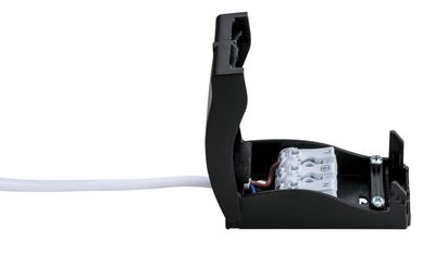 Black plastic housing with open lid and white cable, electrical connection with screws visible.