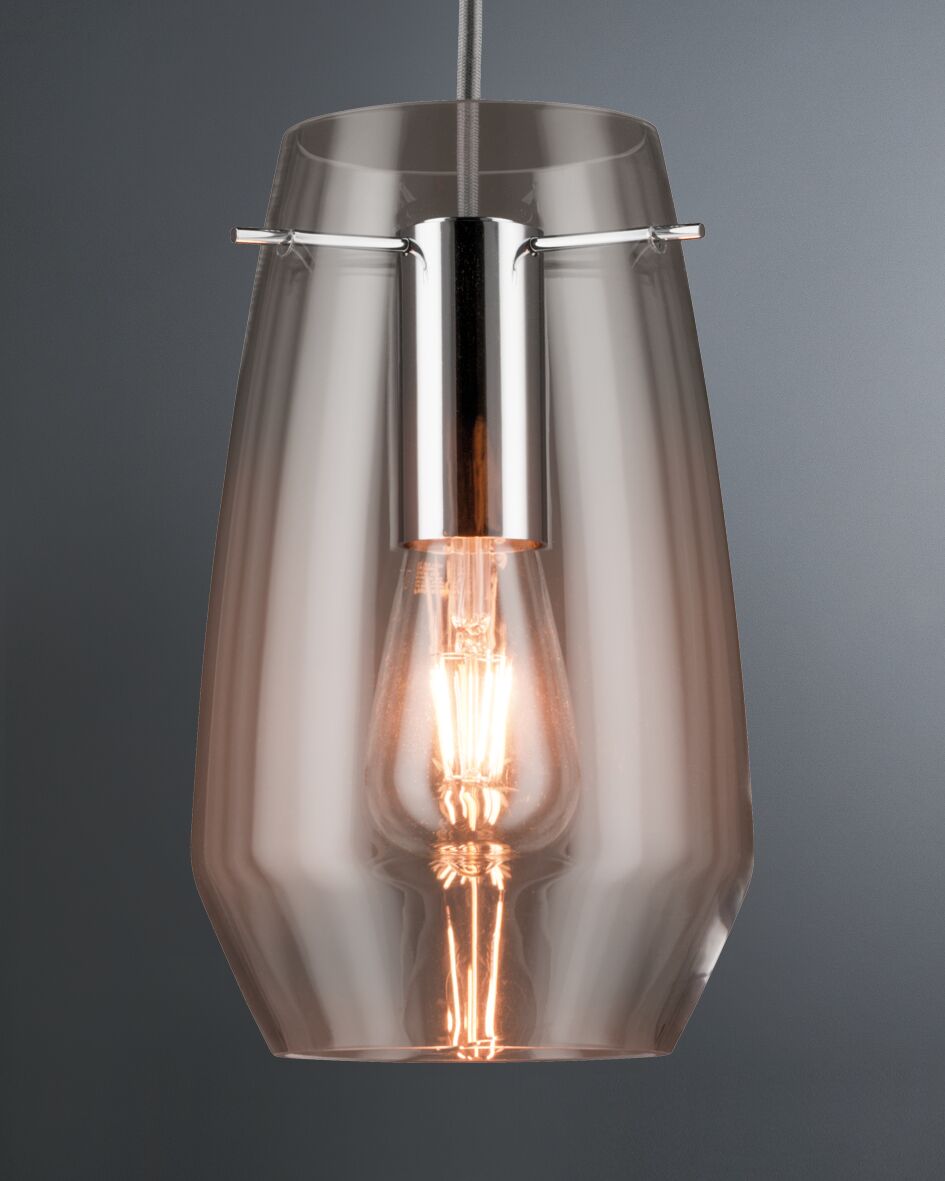 Modern pendant light with smoked glass and chrome metal for stylish indoor lighting