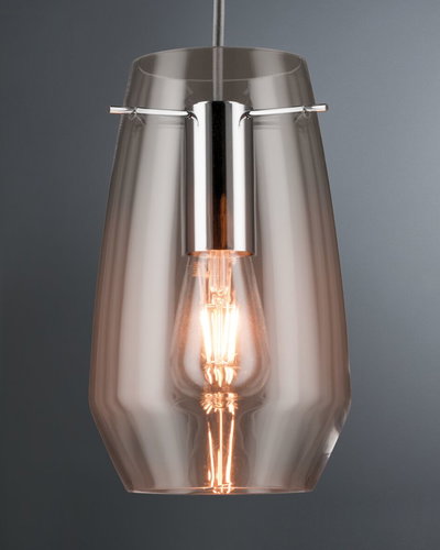Modern pendant light with smoked glass and chrome metal for stylish indoor lighting