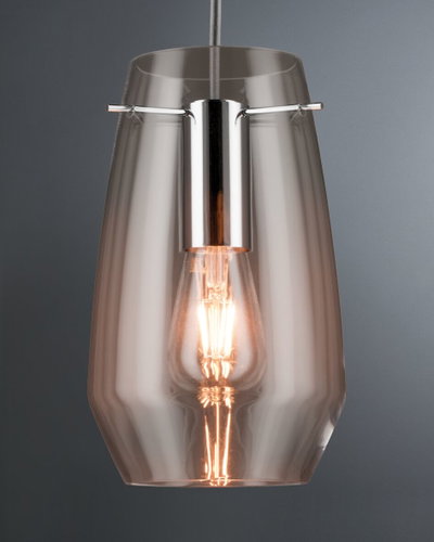 Modern pendant light with smoked glass and chrome metal for stylish indoor lighting