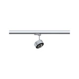Moderner silberner LED-Strahler aus Metall an Schienensystem für flexible Beleuchtung