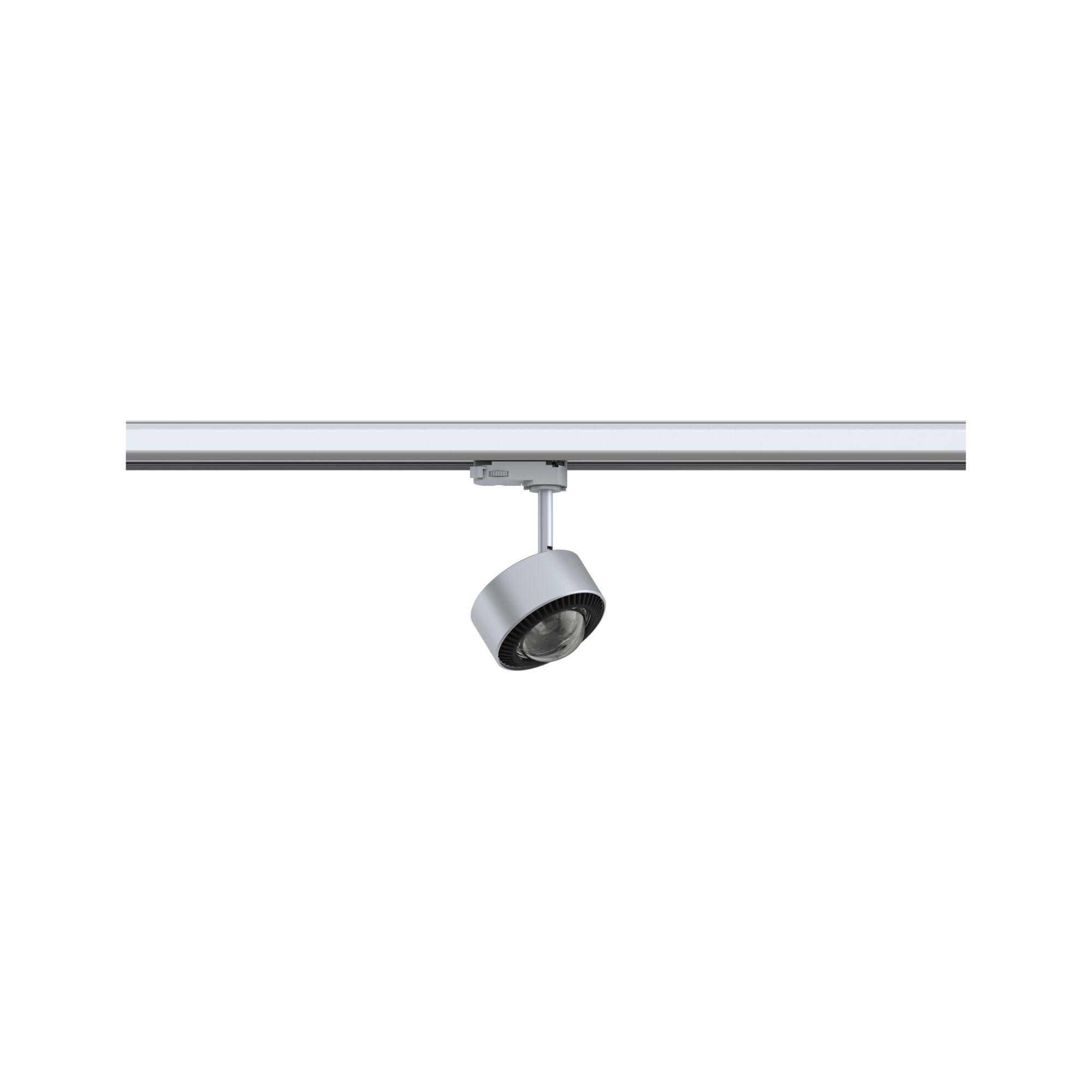 Moderner silberner LED-Strahler aus Metall an Schienensystem für flexible Raumbeleuchtung