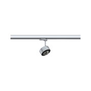 Moderner silberner LED-Strahler aus Metall an Schienensystem für flexible Raumbeleuchtung