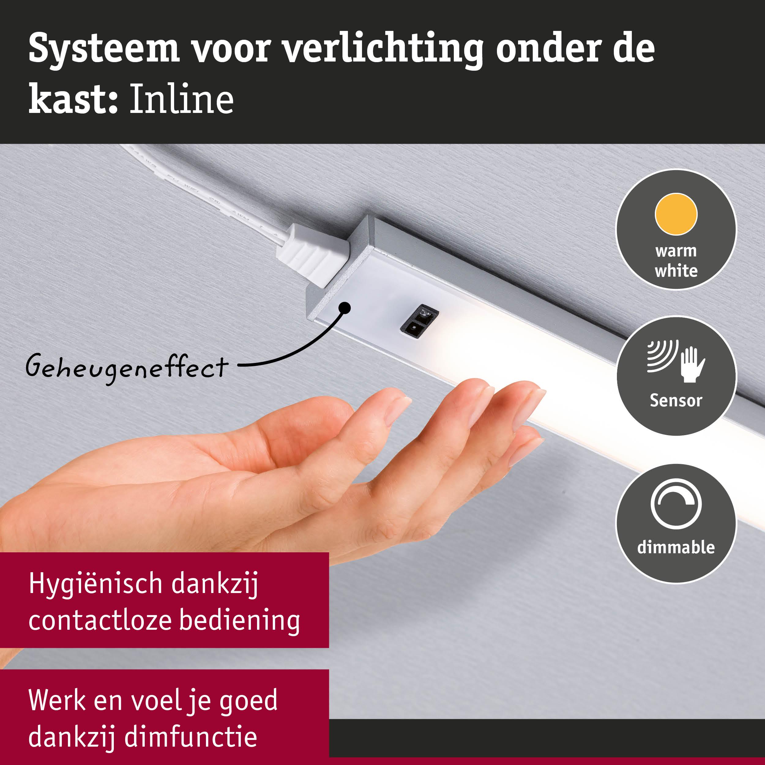 Inline LED onderkastverlichting in aluminium met warm wit licht, sensor en dimfunctie voor keukenverlichting