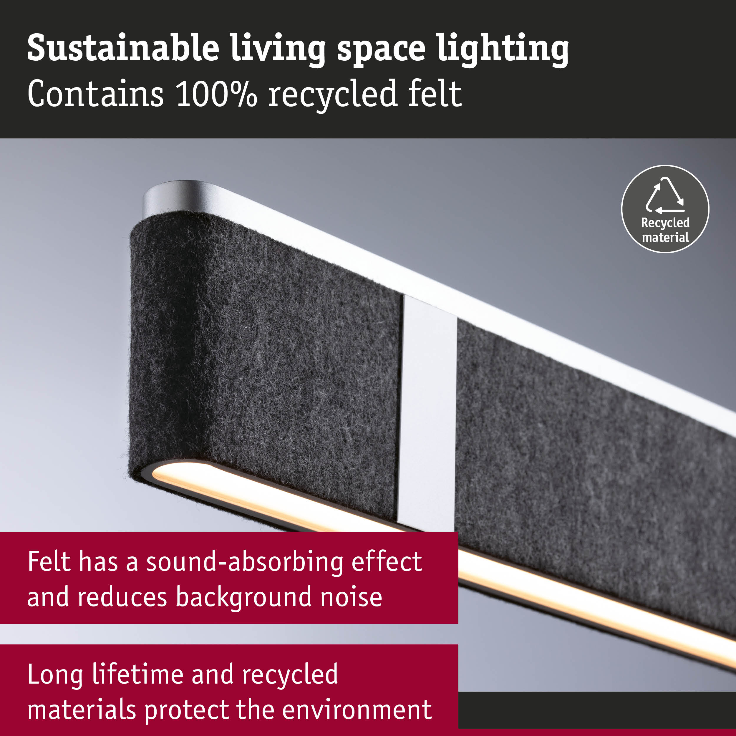 Sustainable living space light with black recycled felt and integrated LED strip for noise reduction