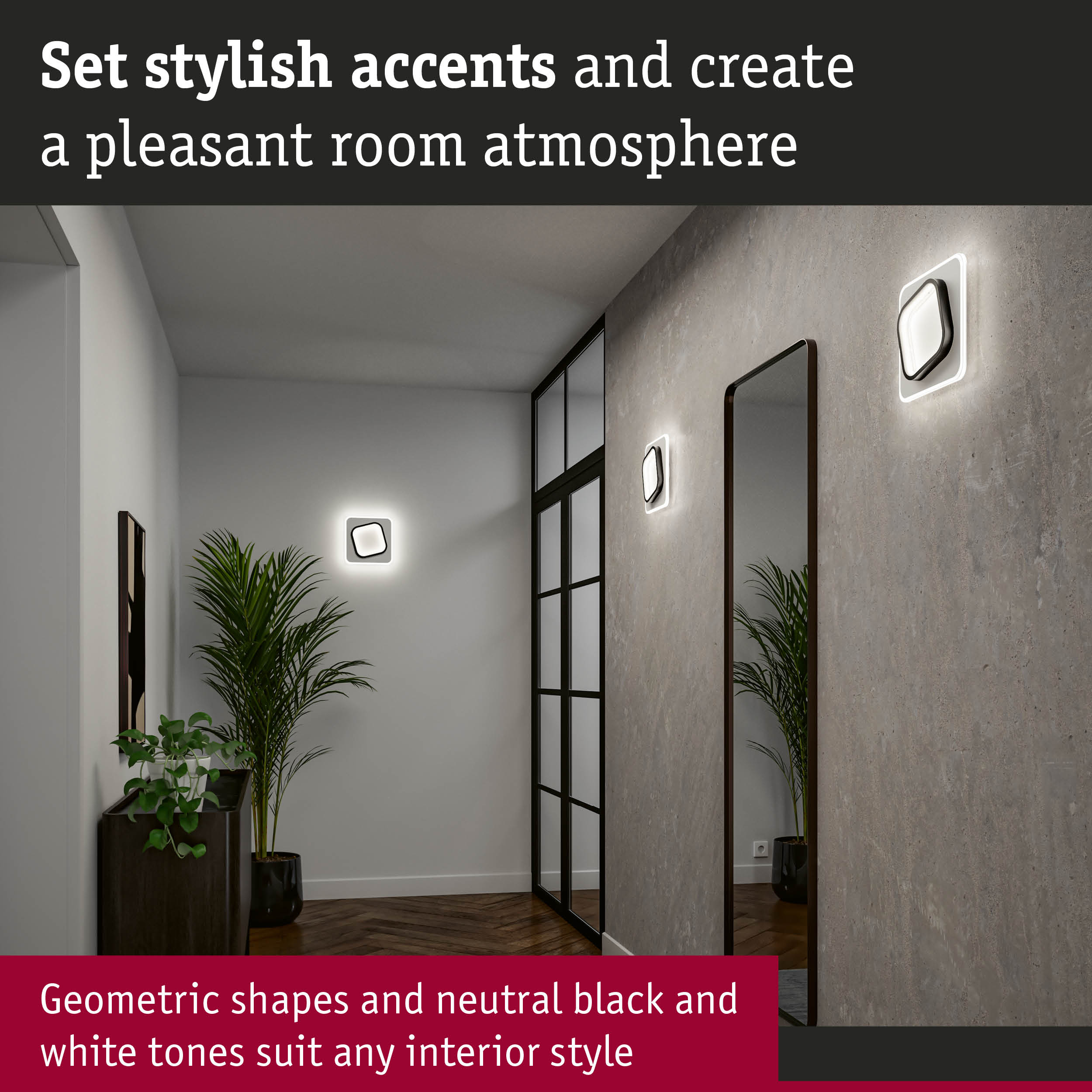 Modern black and white geometric wall lights creating stylish room accents and ambient interior lighting