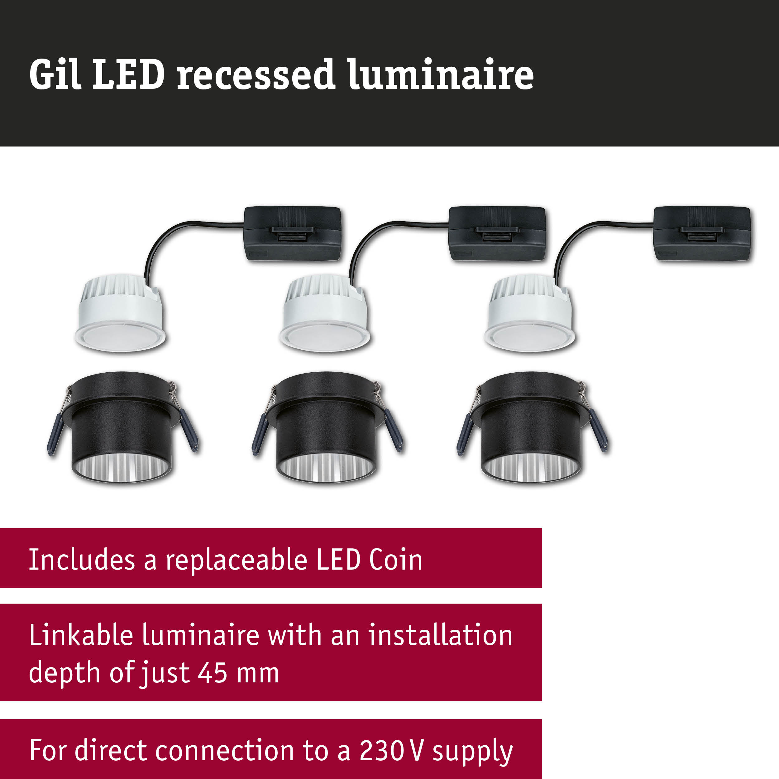 Gil LED recessed luminaire in black and white with replaceable LED coin and 45 mm installation depth