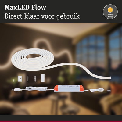 MaxLED Flow warm witte LED-strip met voeding en montagemateriaal voor eenvoudige installatie thuis