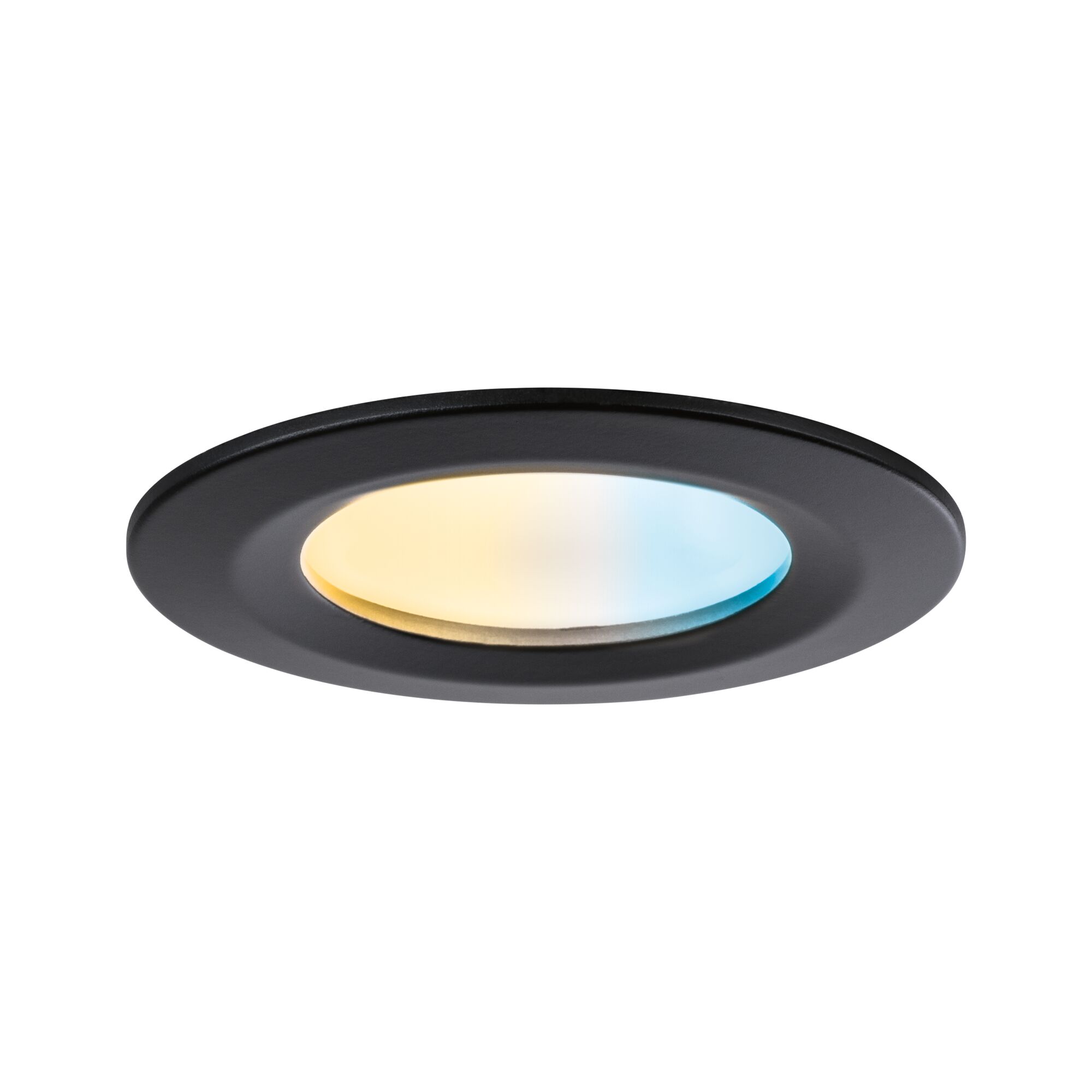 Spot encastré LED noir avec réglage continu de la température de couleur du blanc chaud au blanc froid.