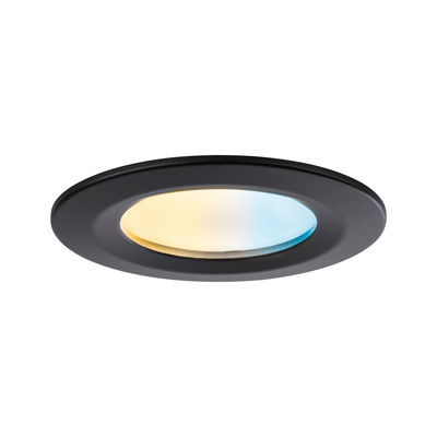 Black LED recessed spotlight with adjustable color temperature from warm white to cool white.