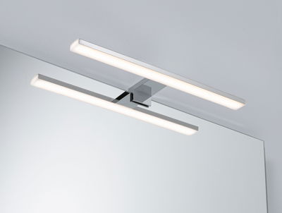 Moderne LED-Spiegelleuchte aus Chrom mit zwei länglichen Leuchtstäben für Badbeleuchtung