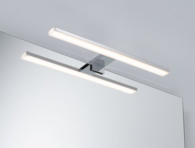 Modern chrome LED mirror light with two elongated bars for bathroom lighting