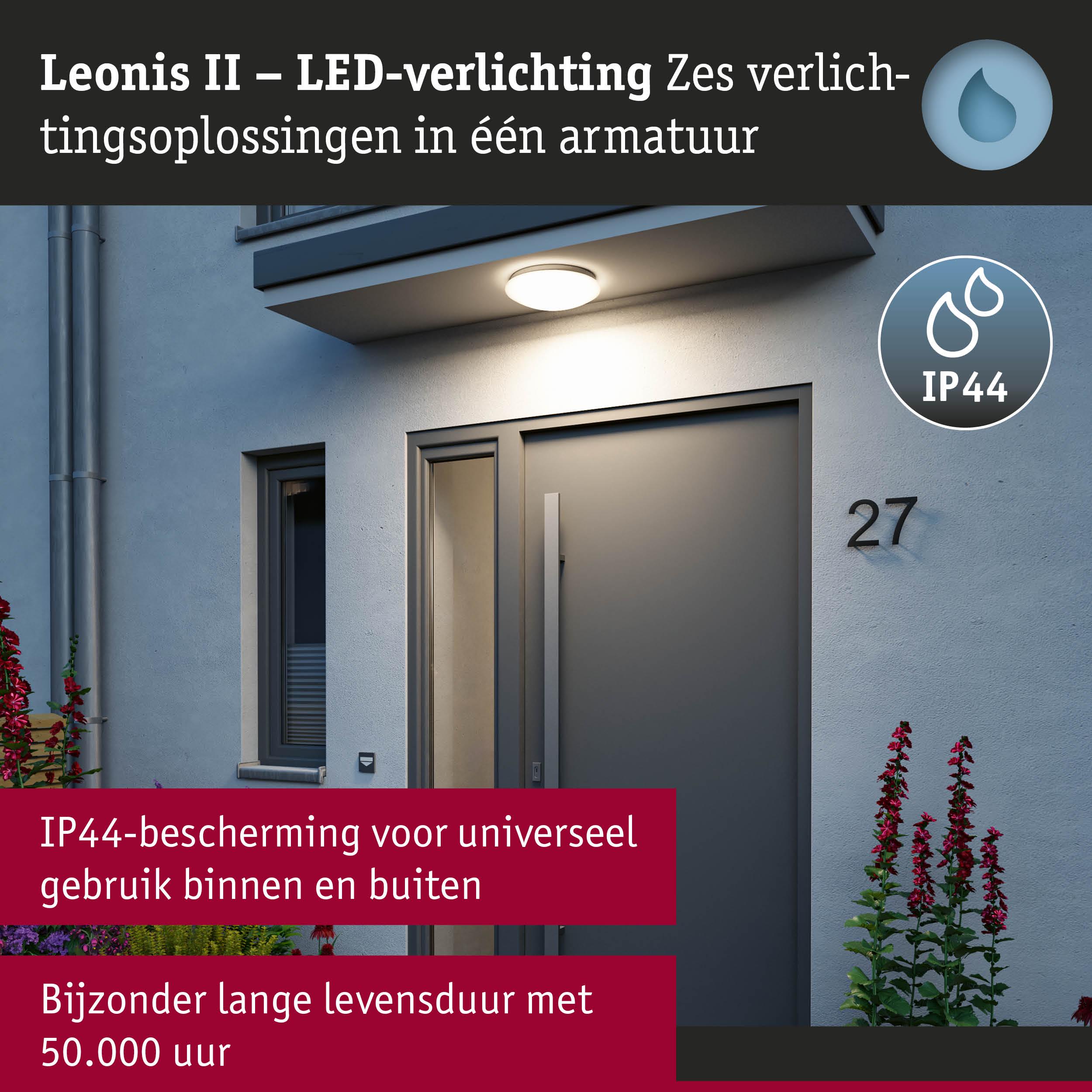 Leonis II witte LED-plafondlamp met IP44 bescherming voor binnen- en buitengebruik, lange levensduur 50000 uur