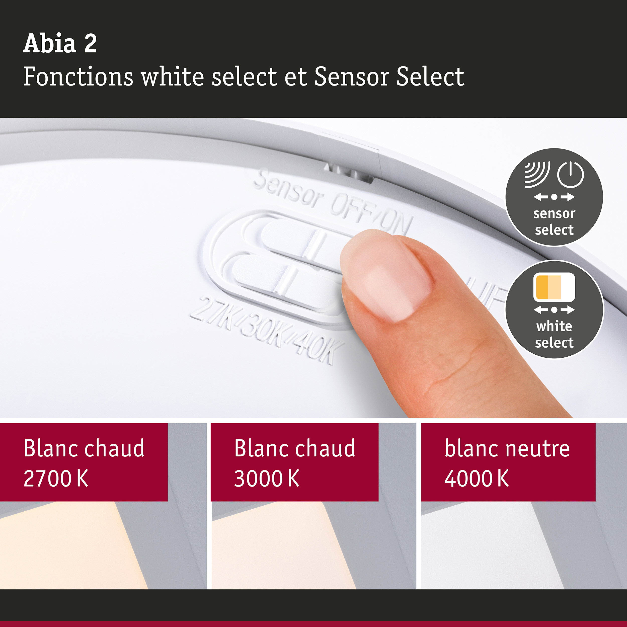 Panneau LED Abia 2 White Select Détecteur de mouvement crépusculaire (HF) carré 300x300mm 14W 900lm White Select Blanc
