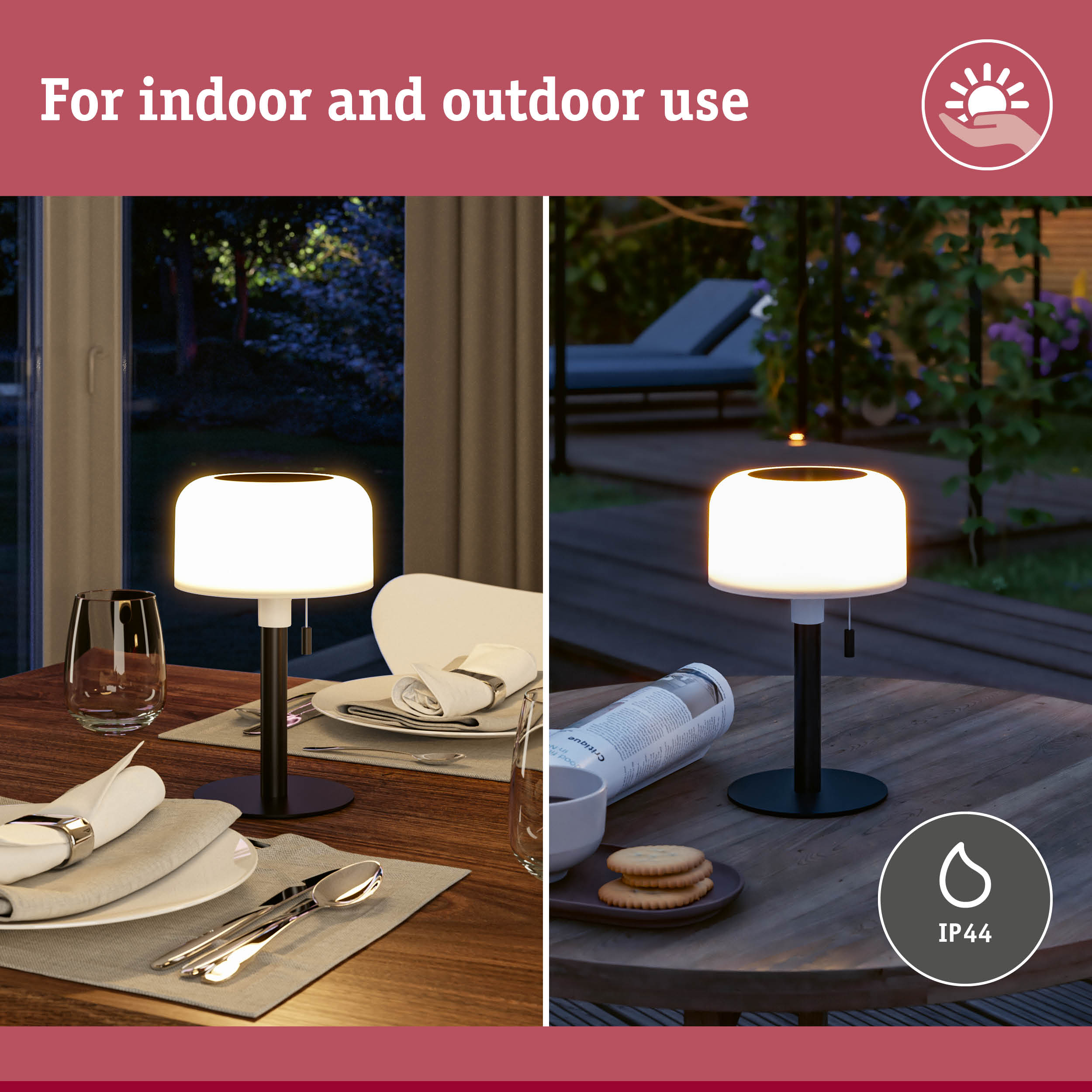 Modern black table lamp with white shade for indoor and outdoor use, featuring IP44 water resistance