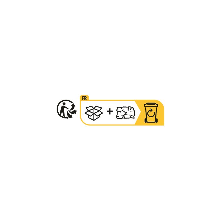 Symbole d'élimination pour carton et papier dans zone jaune avec poubelle et icône recyclage