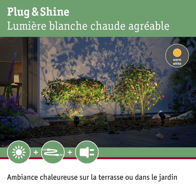 Éclairage extérieur blanc chaud pour terrasse et jardin avec spots pour plantes et système plug & shine
