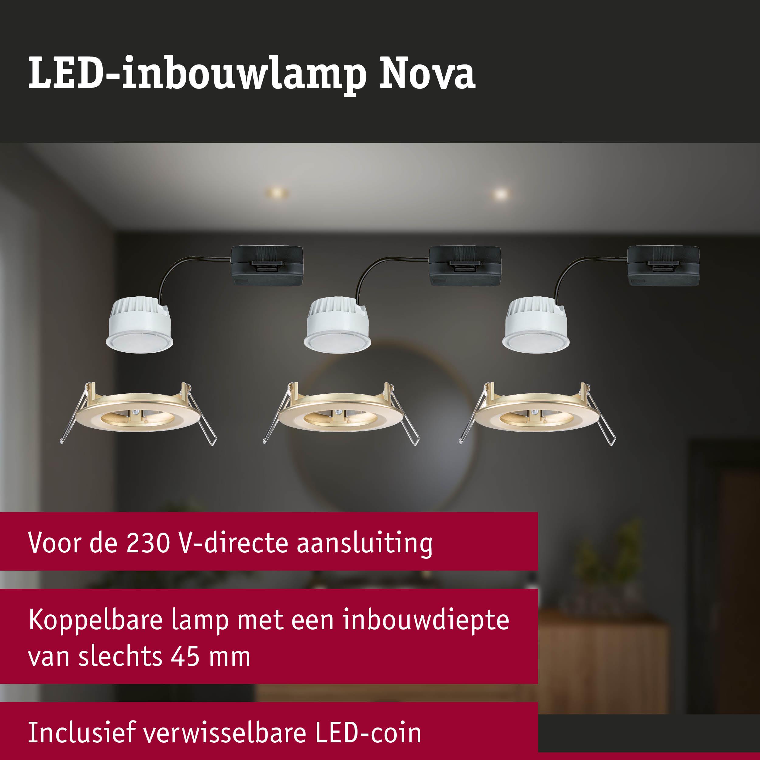 Drie witte LED-inbouwlampen Nova met 45 mm inbouwdiepte en verwisselbare LED-coins voor 230 V aansluiting