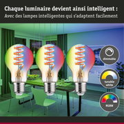 Trois ampoules LED dimmables RGBW dans une salle à manger moderne avec chaises vertes