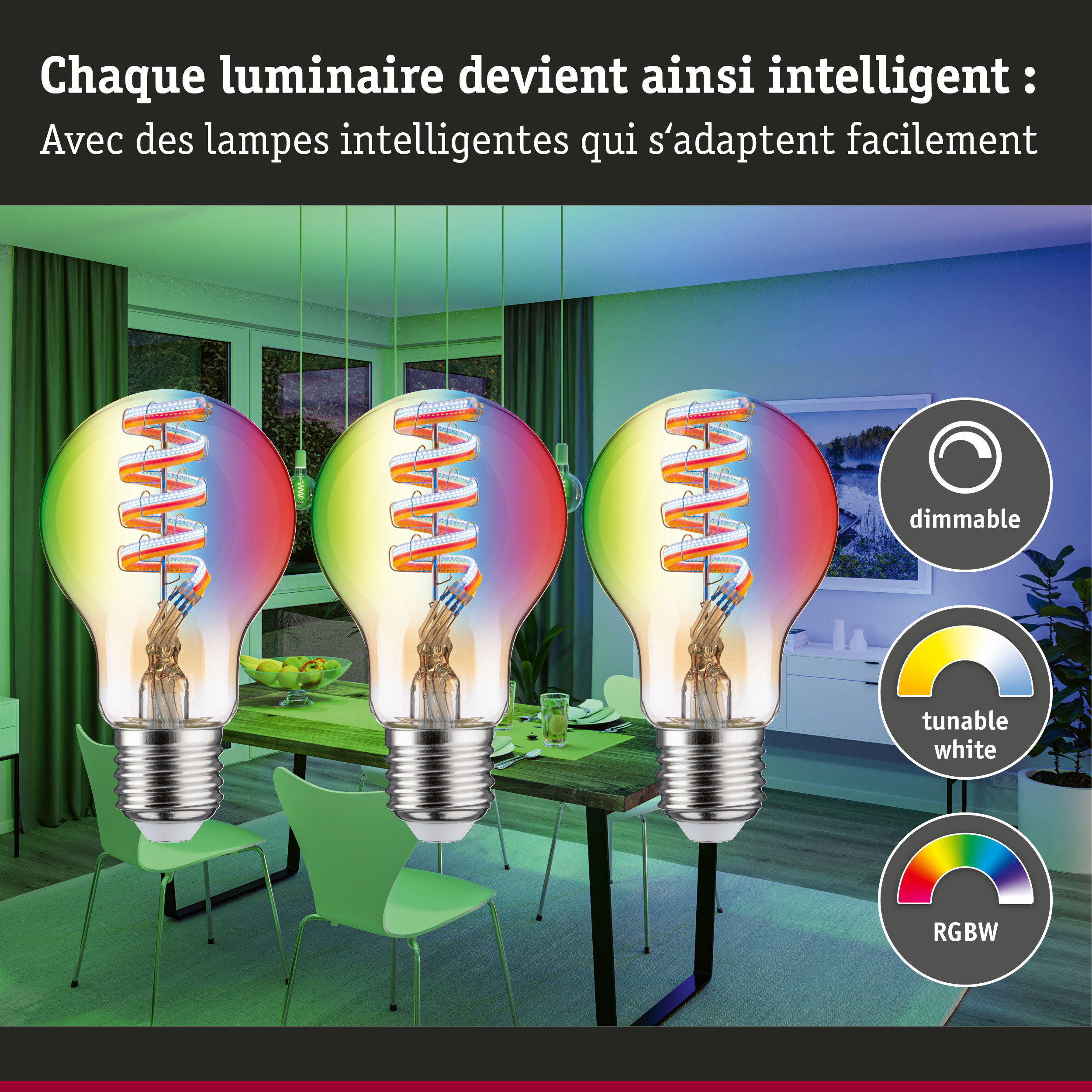 Trois ampoules LED dimmables RGBW dans une salle à manger moderne avec chaises vertes