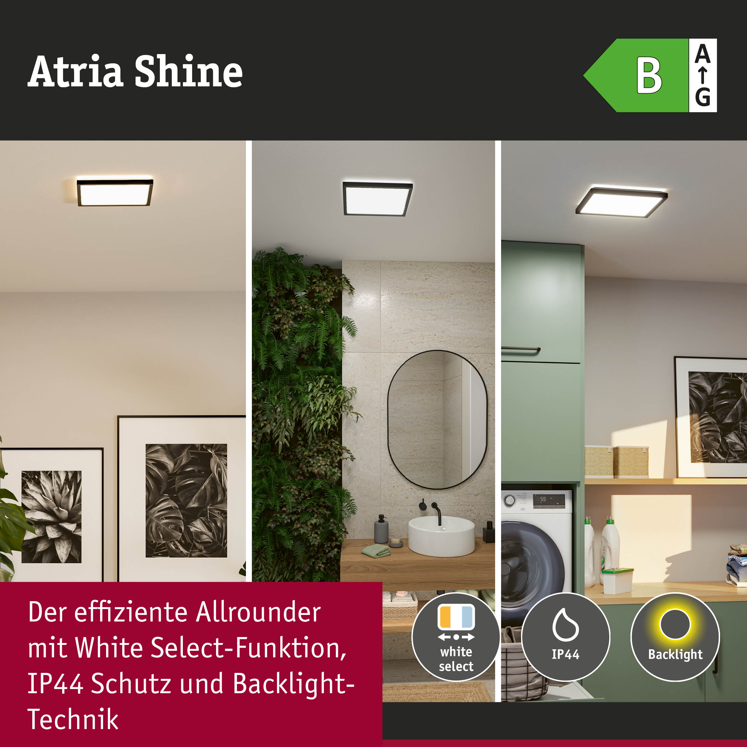Atria Shine LED-Deckenleuchte mit White Select, IP44 Schutz und Backlight-Technik für Wohnräume