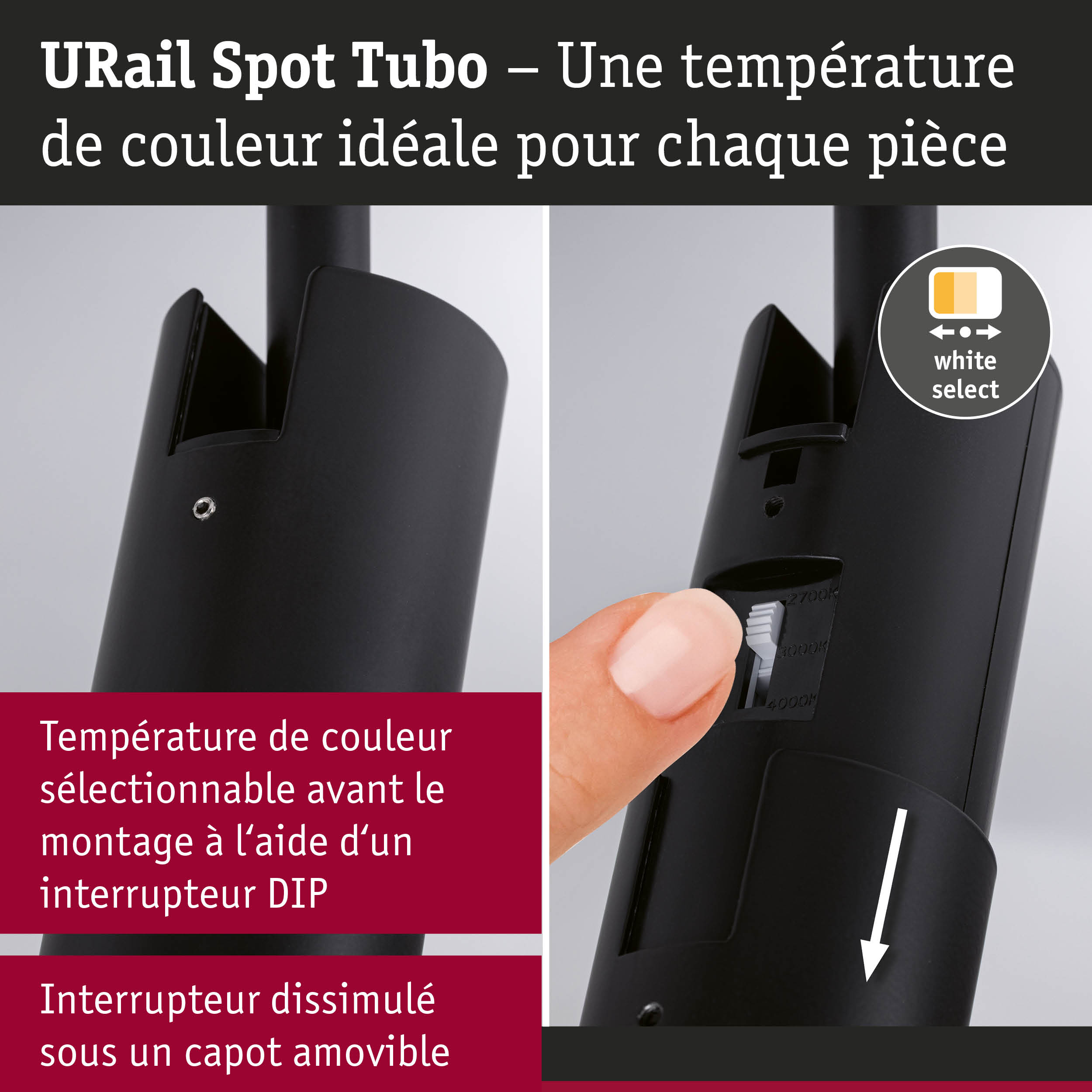 Spot URail Tubo noir avec température de couleur réglable grâce à un interrupteur DIP pour éclairage LED