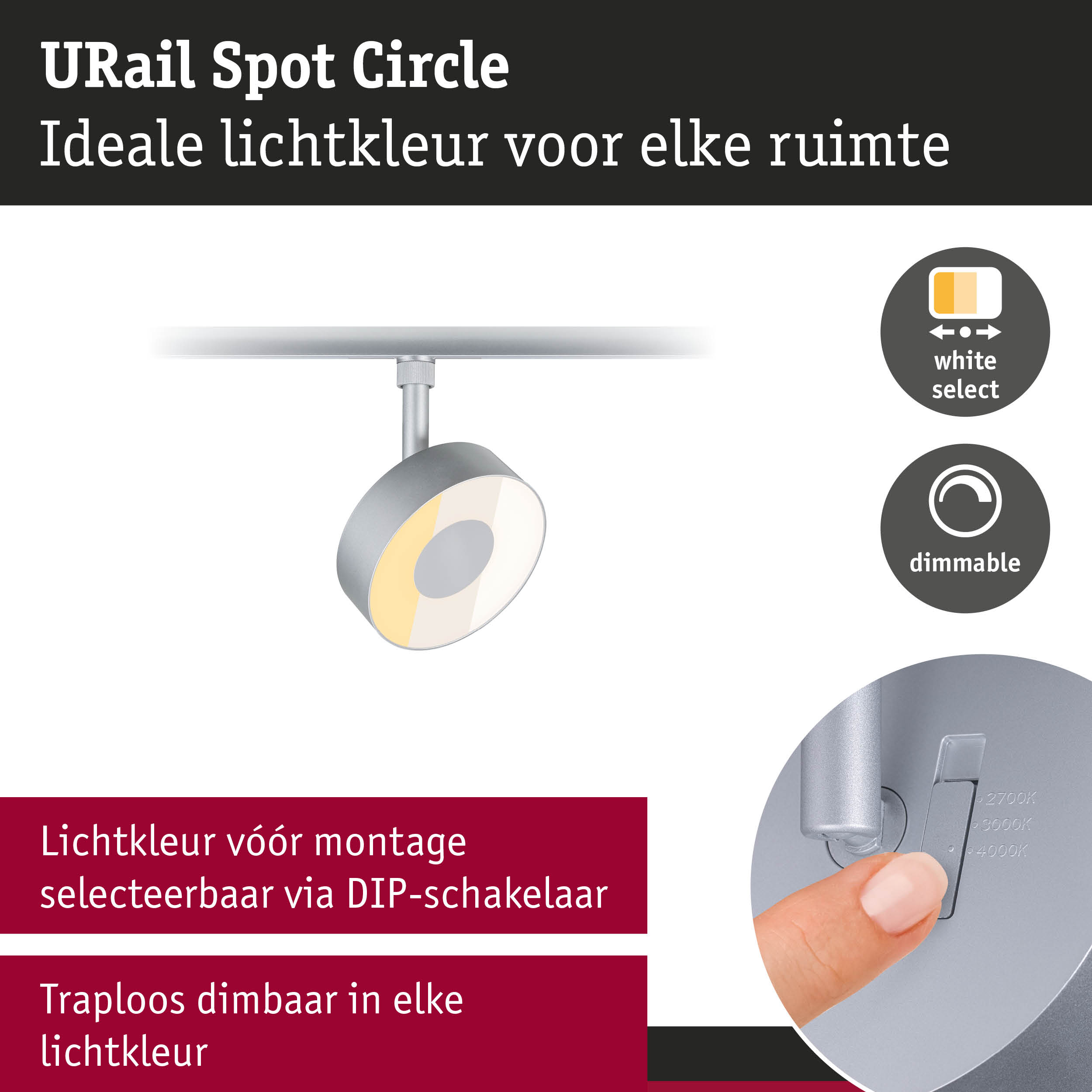 URail Spot Circle grijze dimbare LED-spot met instelbare lichtkleur en DIP-schakelaar