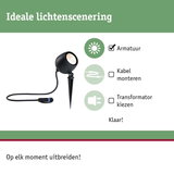 Zwarte LED-tuinschijnwerper met grondpen en kabel voor eenvoudige buitenverlichting zonder transformator.