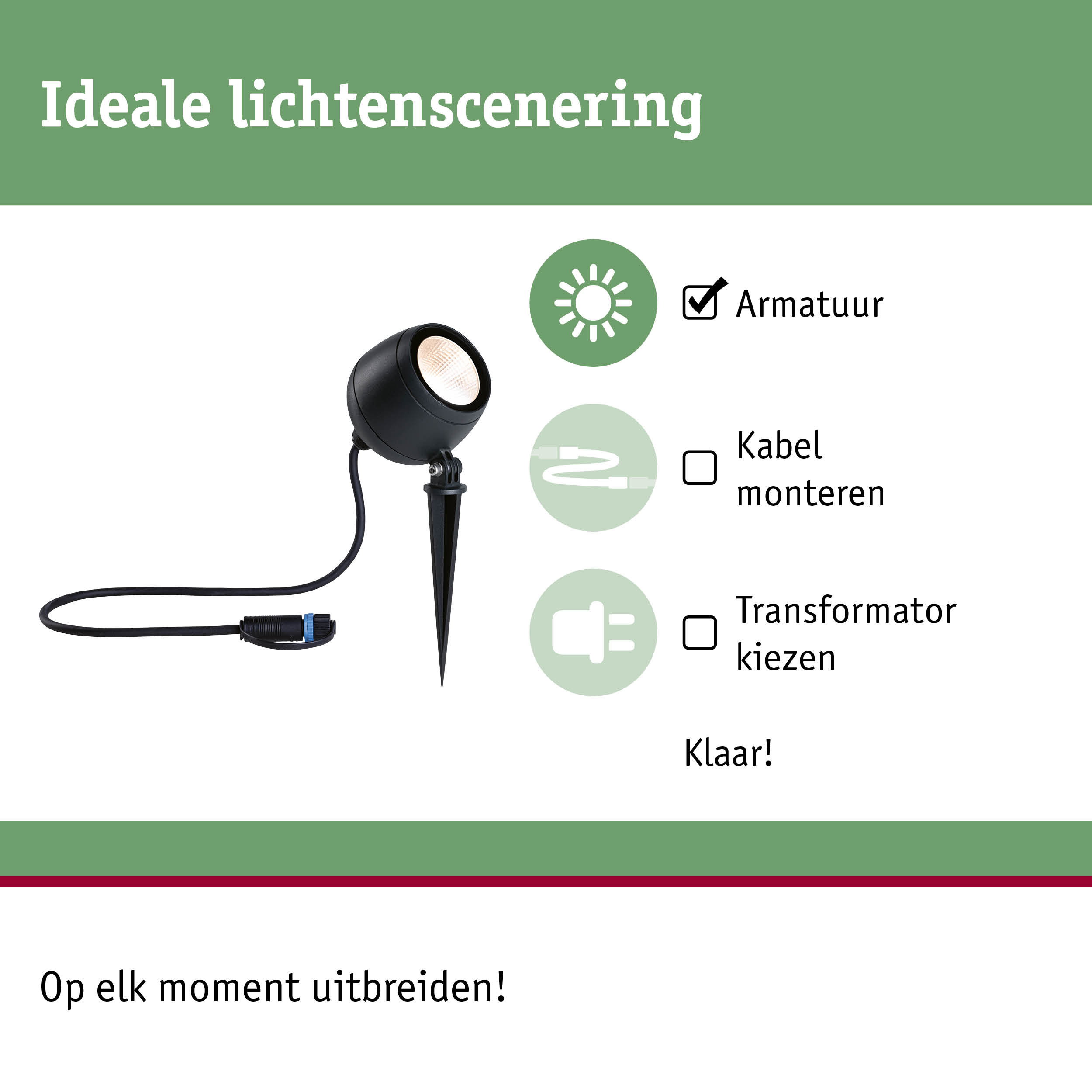 Zwarte LED-tuinschijnwerper met grondpen en kabel voor flexibele buitenverlichting.