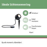 Zwarte LED-tuinschijnwerper met grondpen en kabel voor eenvoudige buitenverlichting zonder transformator.