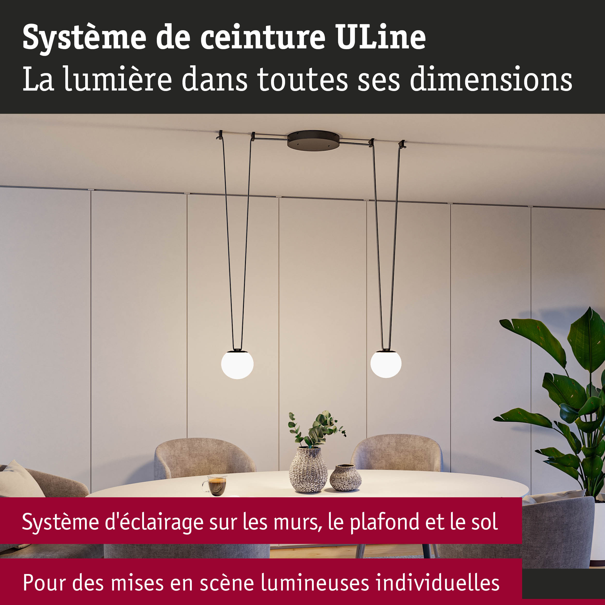 Système d'éclairage ULine moderne avec lampes sphériques blanches au-dessus d'une table à manger