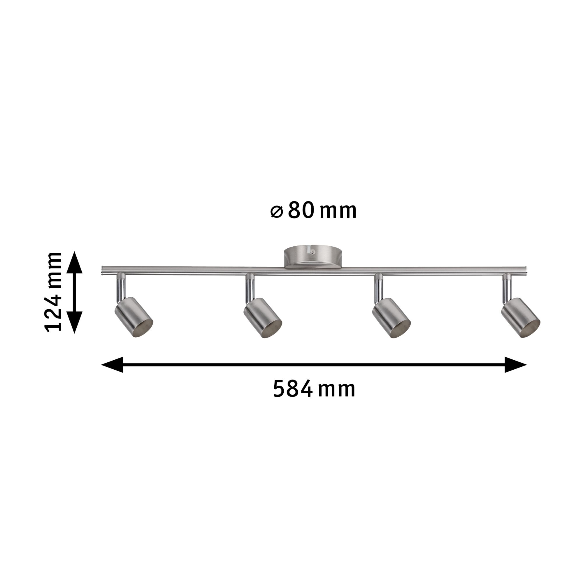 Four-light LED ceiling spotlight in brushed stainless steel, measuring 584x124 mm for home lighting.