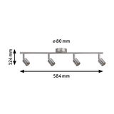 Vierflammiger LED-Deckenstrahler aus gebürstetem Edelstahl mit Maßen 584x124 mm für Wohnräume.