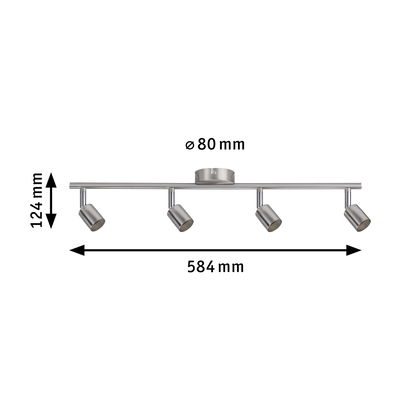 Spot LED quatre lampes en acier inoxydable brossé, dimensions 584x124 mm pour éclairage intérieur.