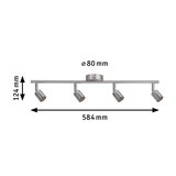 Four-light LED ceiling spotlight in brushed stainless steel, measuring 584x124 mm for home lighting.