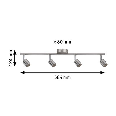Four-light LED ceiling spotlight in brushed stainless steel, measuring 584x124 mm for home lighting.