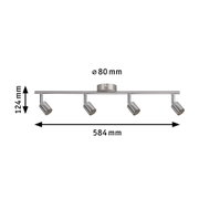 Vierflammiger LED-Deckenstrahler aus gebürstetem Edelstahl mit Maßen 584x124 mm für Wohnräume.