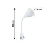 Hvid fleksibel stiklampe med kontakt, 390 mm høj og 110 mm lampeskærmdiameter