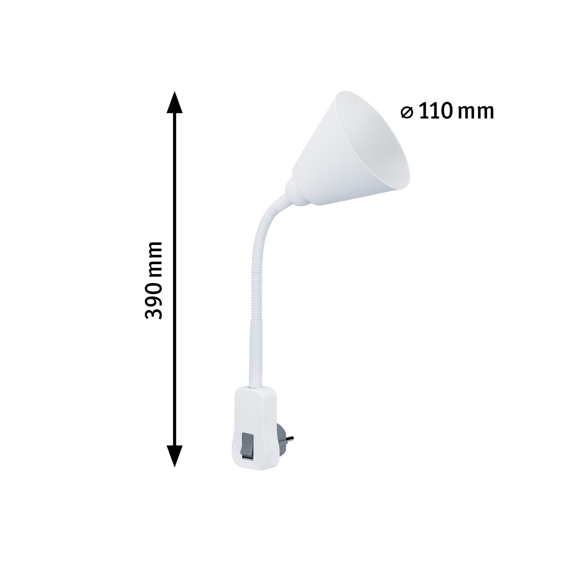 White flexible plug-in lamp with switch, 390 mm height and 110 mm lampshade diameter