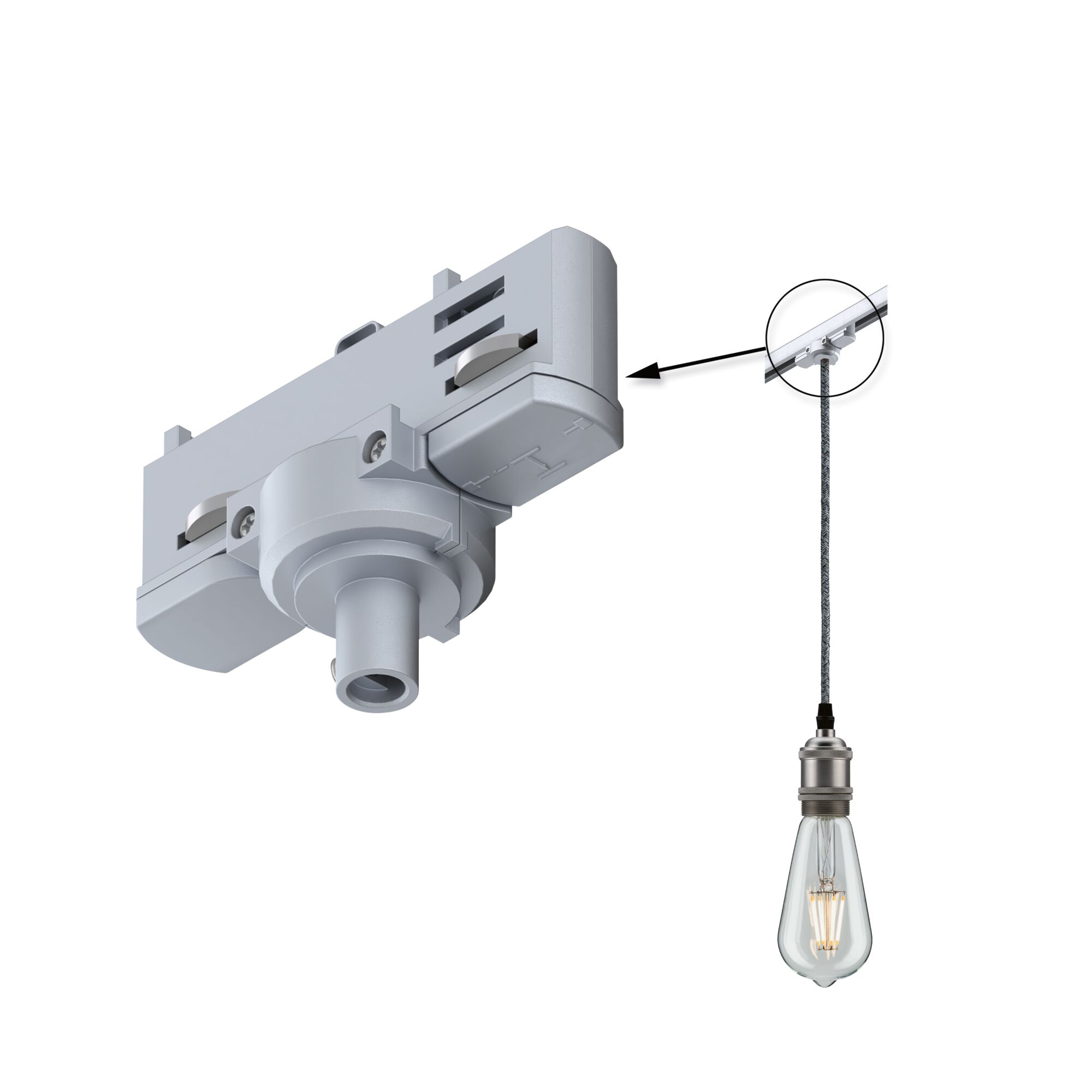 Gray plastic adapter for track lighting system with pendant lamp and bulb, lighting component