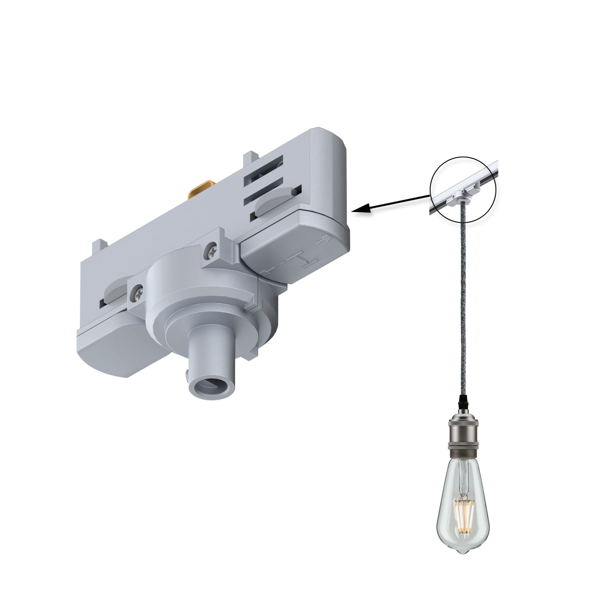 Grey plastic track system adapter with adjustable switch for LED lighting installation