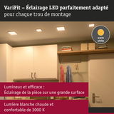 Éclairage LED blanc chaud au plafond d’une pièce moderne avec placards et vêtements suspendus