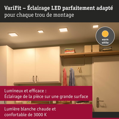 Éclairage LED blanc chaud au plafond d’une pièce moderne avec placards et vêtements suspendus