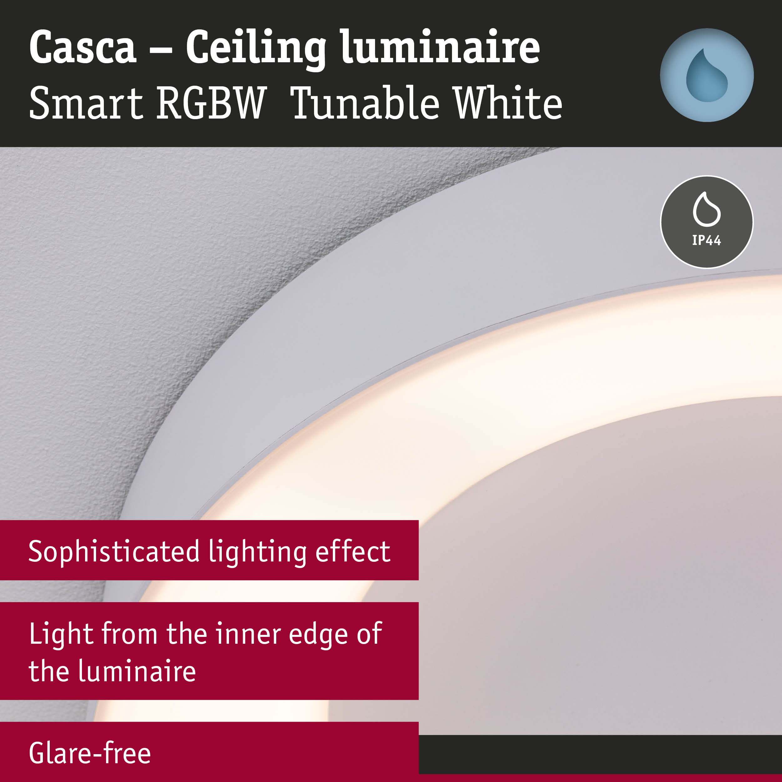 Casca white ceiling luminaire with smart RGBW lighting and IP44 rated glare-free design