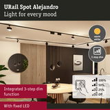 Modern black URail Spot Alejandro with warm white LED and integrated 3-step dim function in dining room