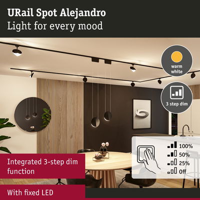Modern black URail Spot Alejandro with warm white LED and integrated 3-step dim function in dining room