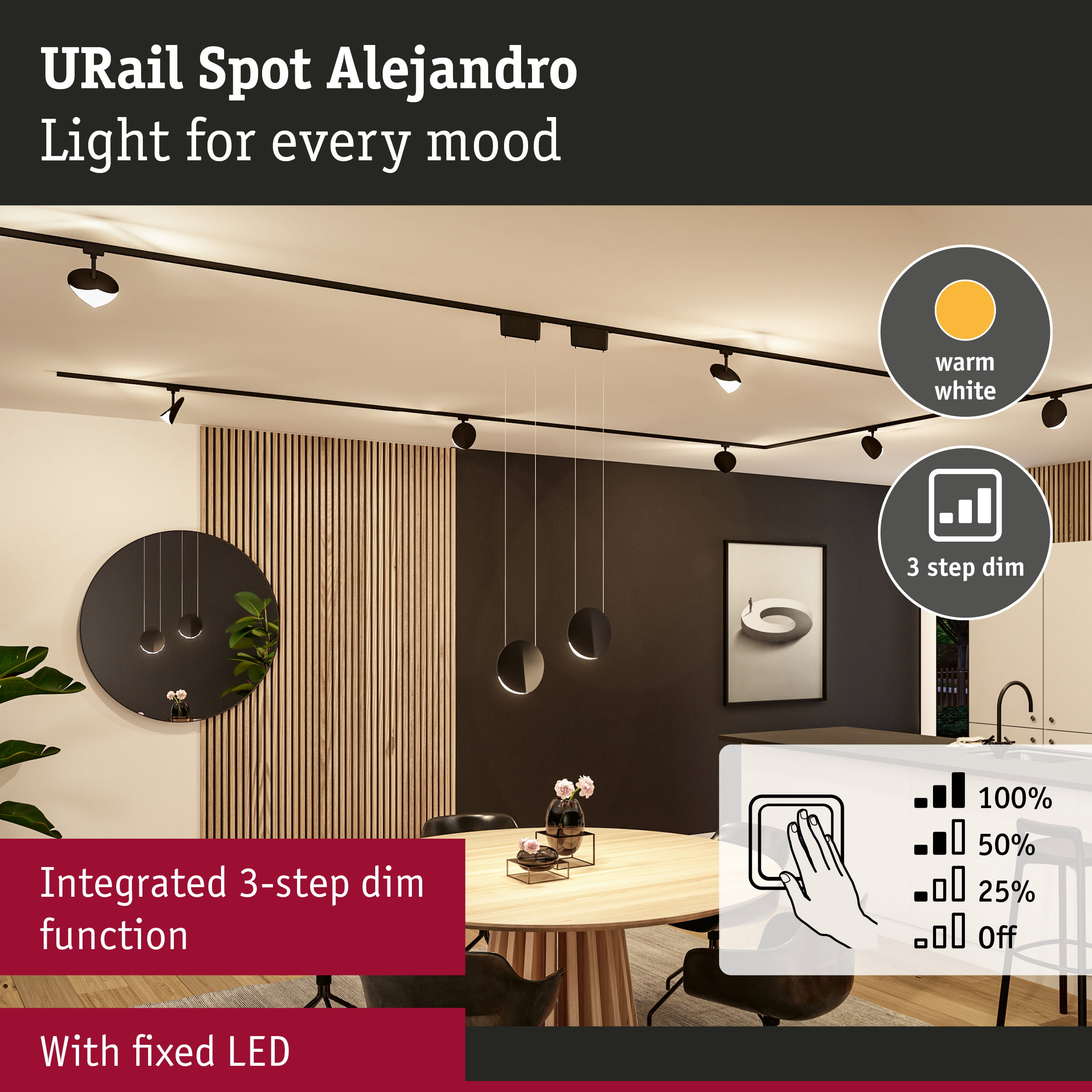 URail Spot Alejandro black LED ceiling light with warm white light and integrated 3-step dim function