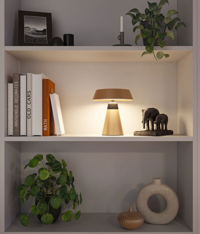 Moderne braune Tischlampe aus Metall auf Regal mit Büchern und Elefantenfigur für Wohnraumbeleuchtung