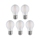 Five clear LED light bulbs with E27 base and warm white light for energy-efficient lighting