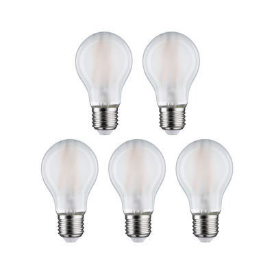 Five clear LED light bulbs with E27 base and warm white light for energy-efficient lighting